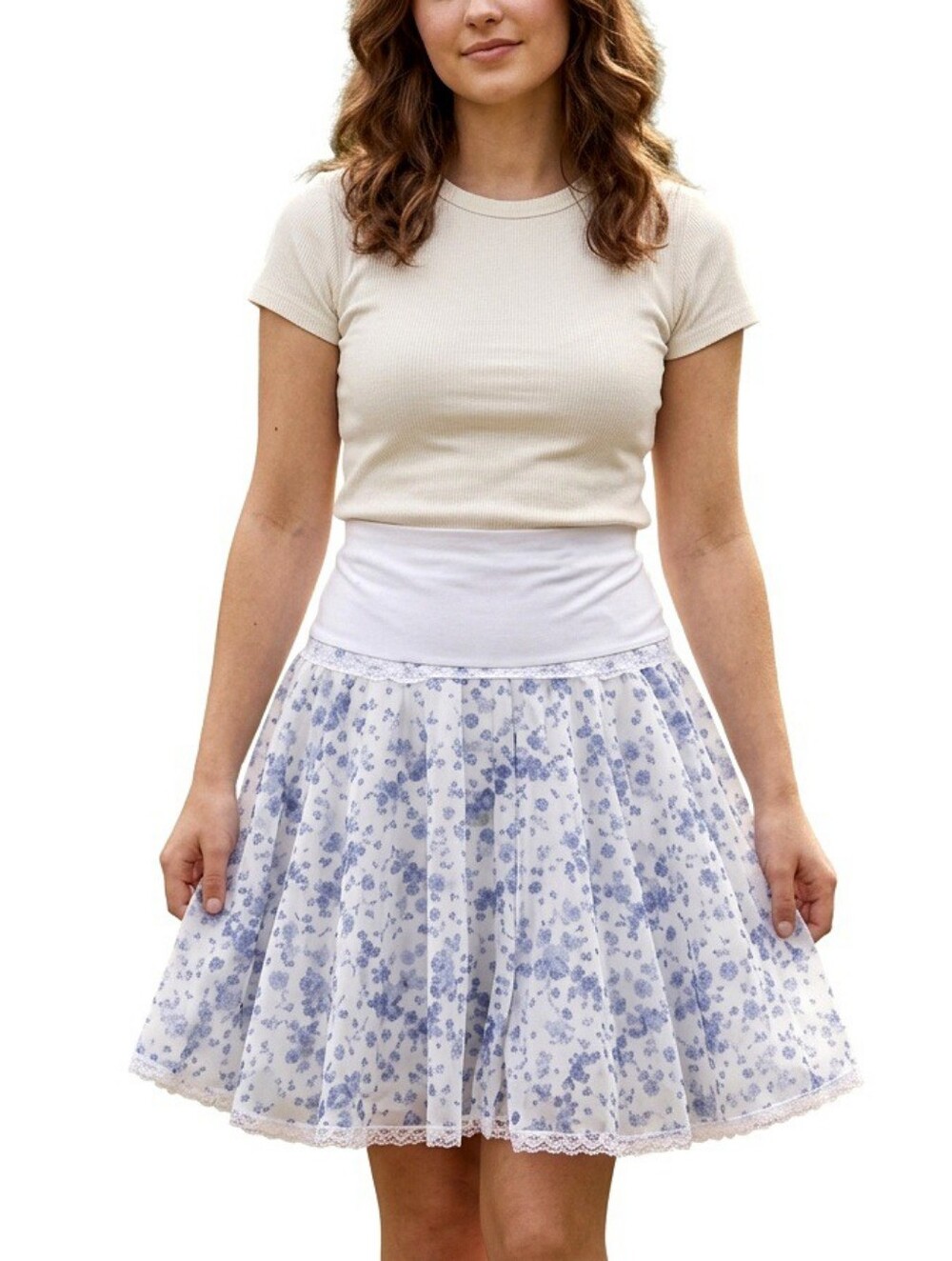 Floral A-Line White and Blue Skirt, Size 8